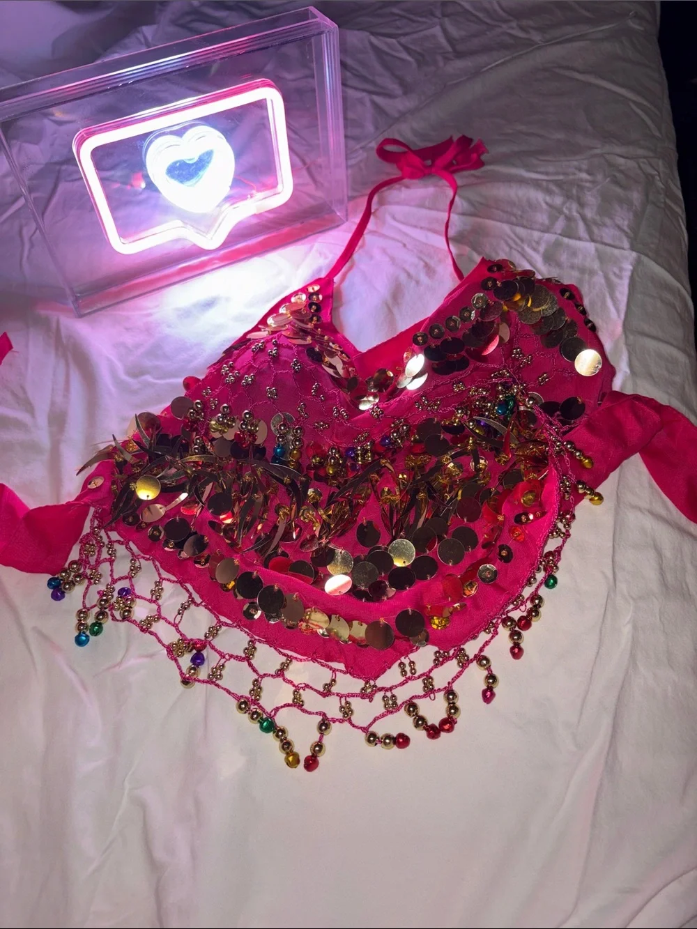 Girls Hot Pink Belly Dance Top with Gold Coin Fringe